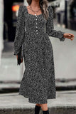 WOMEN DEEP SQUARE NECK LONG SLEEVE PATTERN DRESS