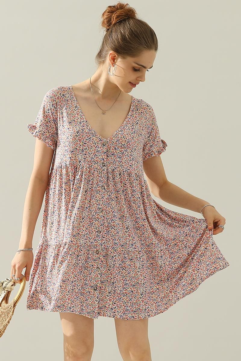 V NECK BUTTON DOWN WITH RUFFLE SLEEVE DRESS - Doublju