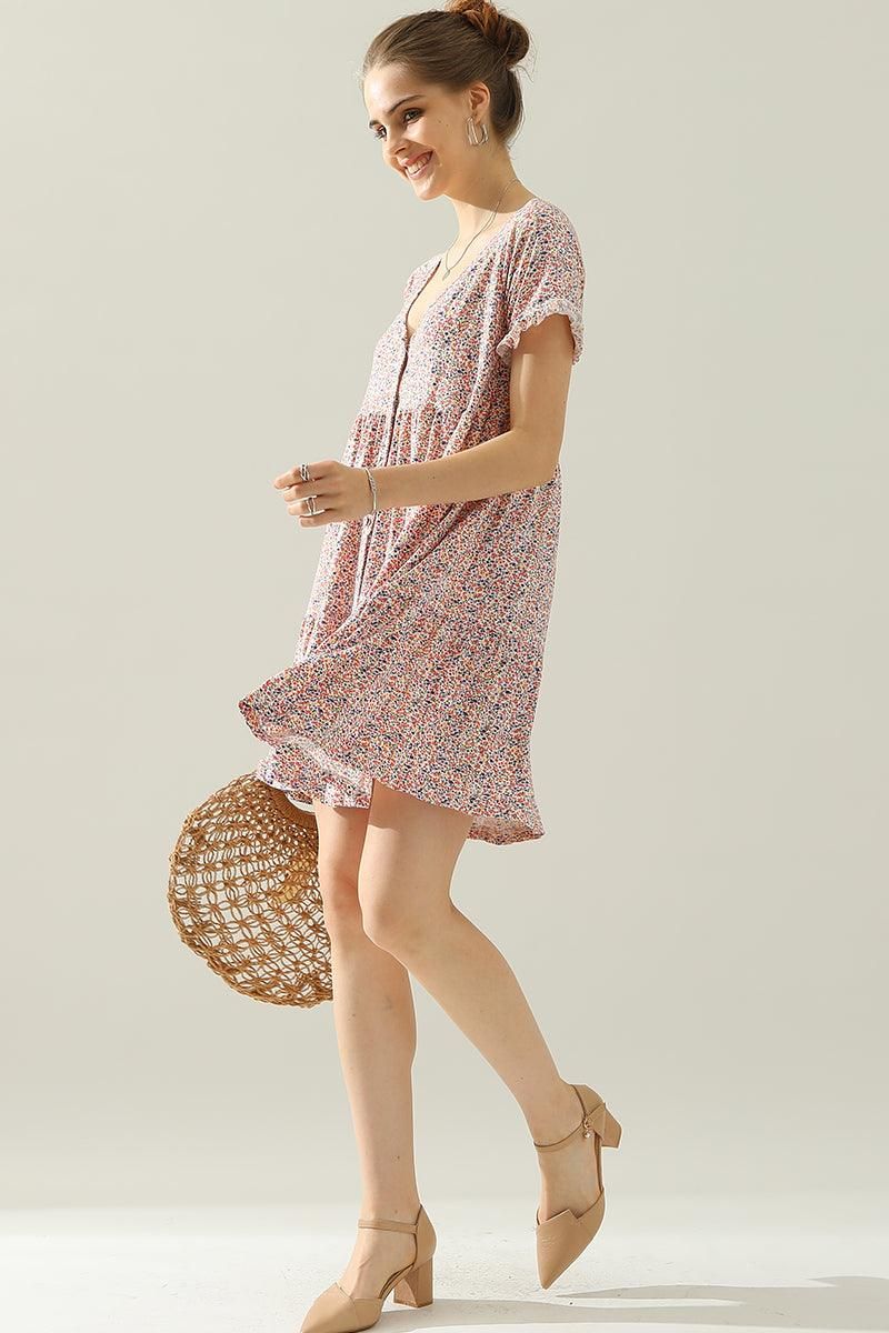 V NECK BUTTON DOWN WITH RUFFLE SLEEVE DRESS - Doublju