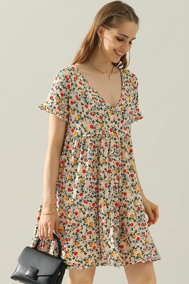 V NECK BUTTON DOWN WITH RUFFLE SLEEVE DRESS - Doublju