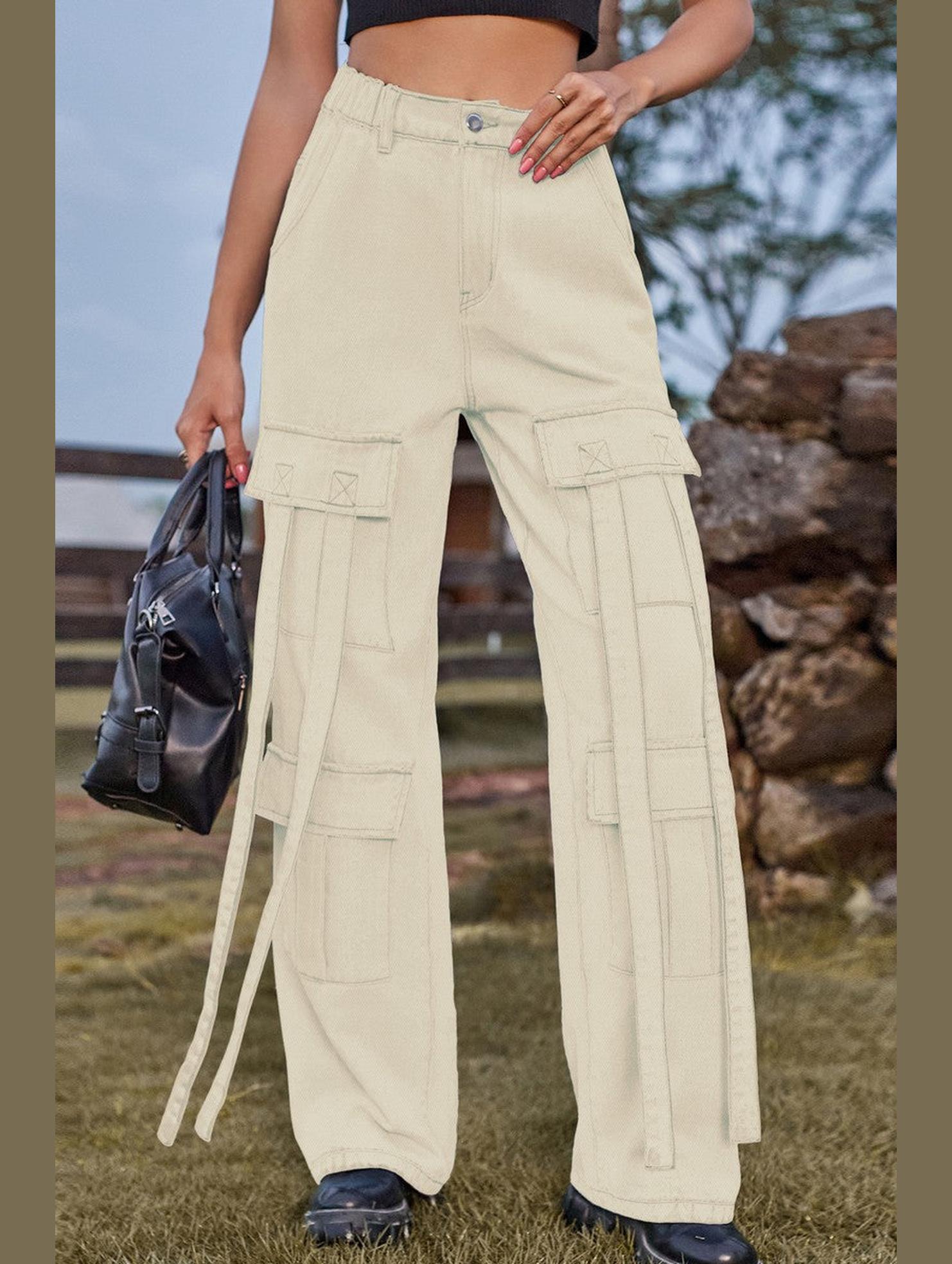 WOMEN ELASTIC WAIST DENIM CARGO PANTS JEANS