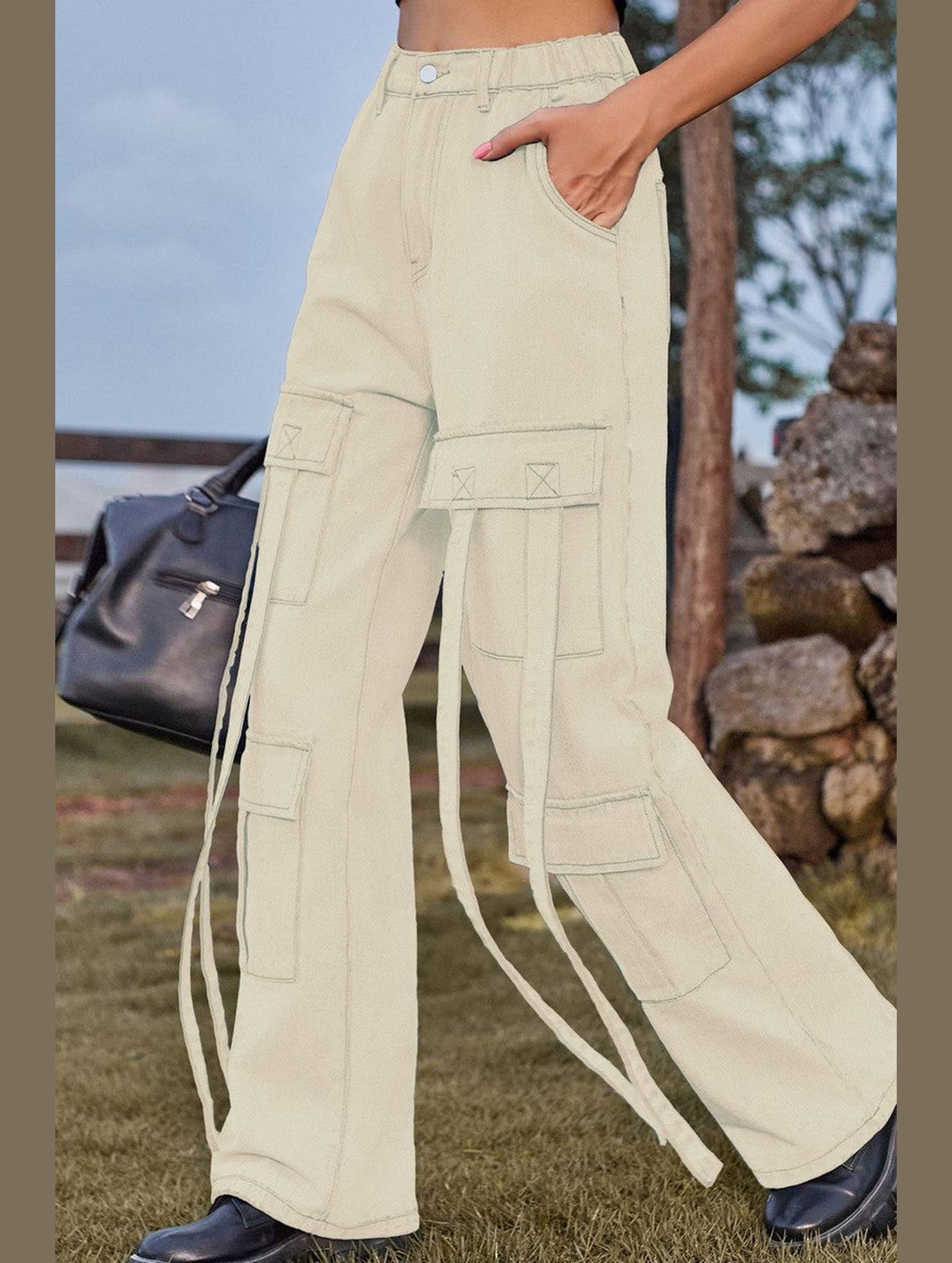 WOMEN ELASTIC WAIST DENIM CARGO PANTS JEANS