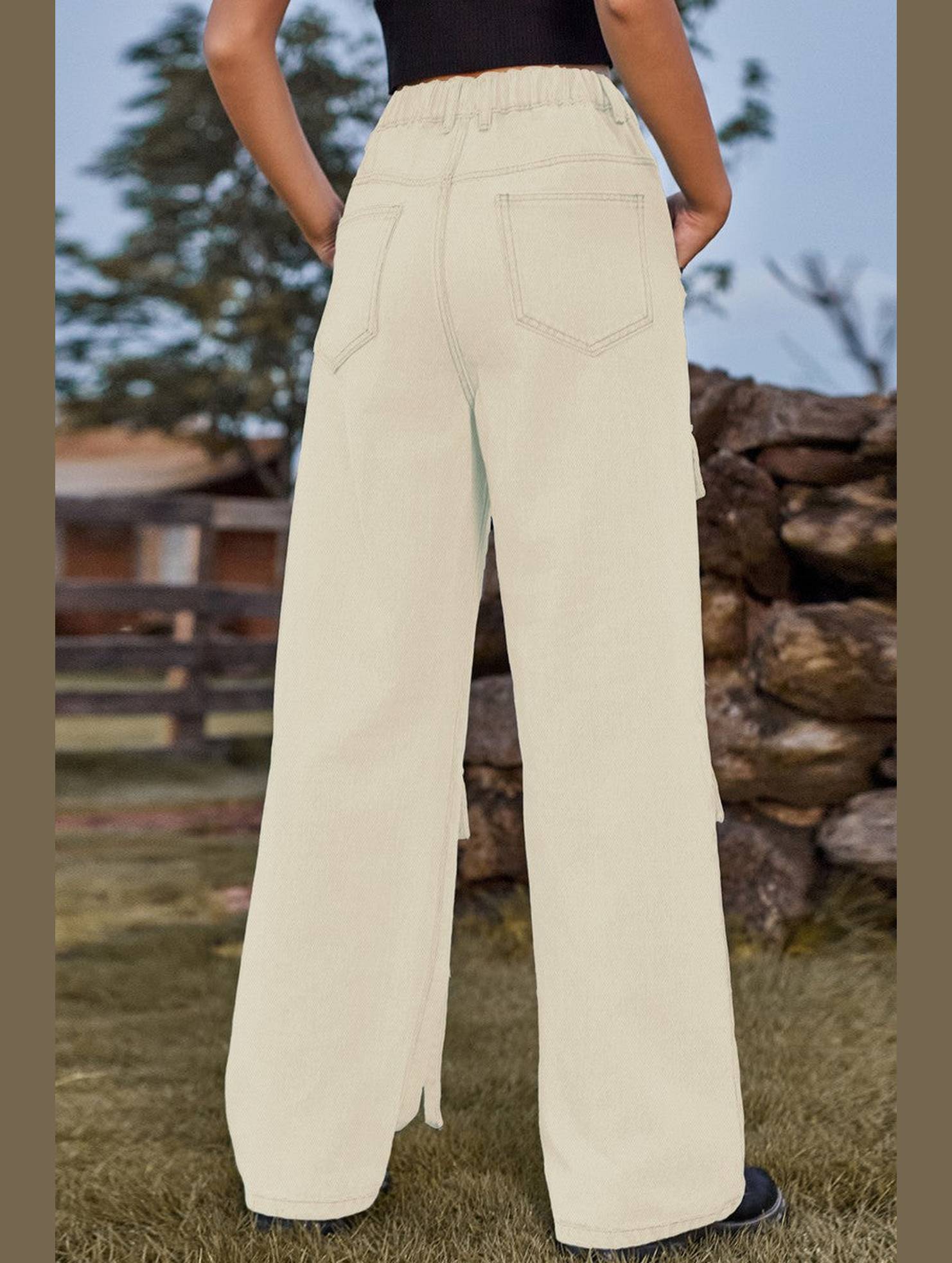 WOMEN ELASTIC WAIST DENIM CARGO PANTS JEANS