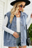 FADED DENIM BUTTON UP FLAT POCKET COLLAR VEST - Doublju