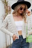 WOMEN EYELET KNITTED OPEN FRONT SHORT CARDIGAN