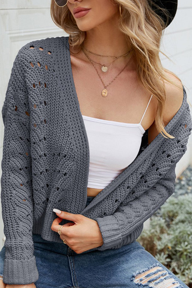 WOMEN EYELET KNITTED OPEN FRONT SHORT CARDIGAN