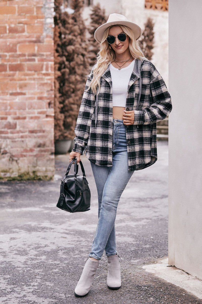 WOMEN FLANNEL PLAID HOODIE SHACKET