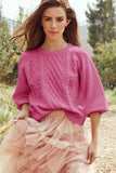 WOMEN CABLE KNITTED RIB SLEEVE PULLOVER SWEATER - Doublju