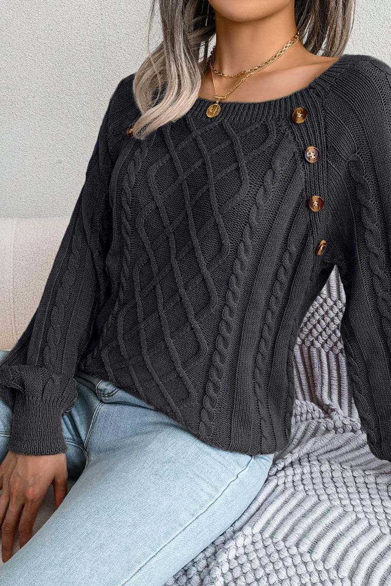CABLE KNIT BUTTON DETAILED PULLOVER SWEATER - Doublju
