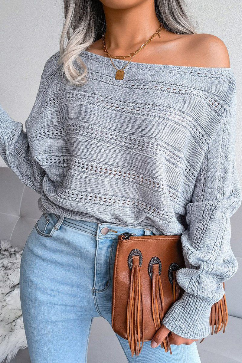 WOMEN CABLE KNIT BOAT NECK OVERSIZED SWEATER