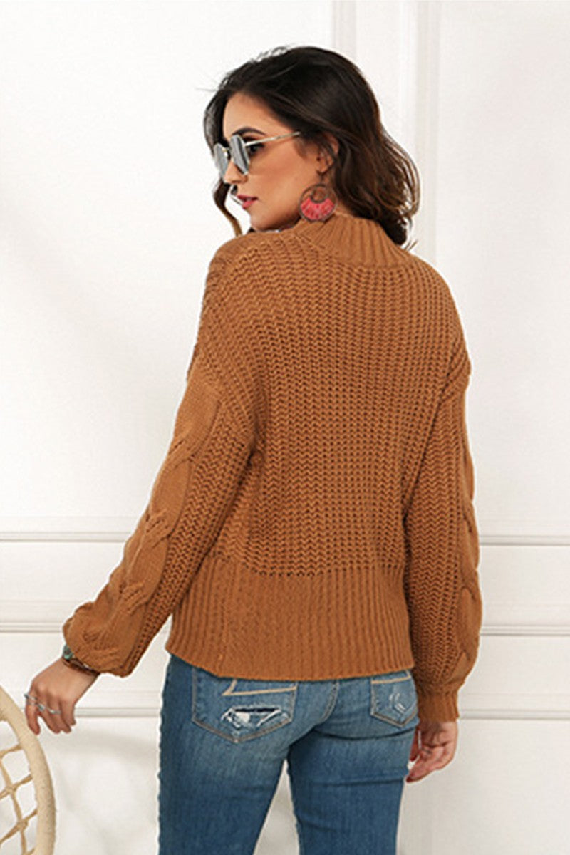 WOMEN CABLE KNIT HIGH NECK SOLID WINTER SWEATER