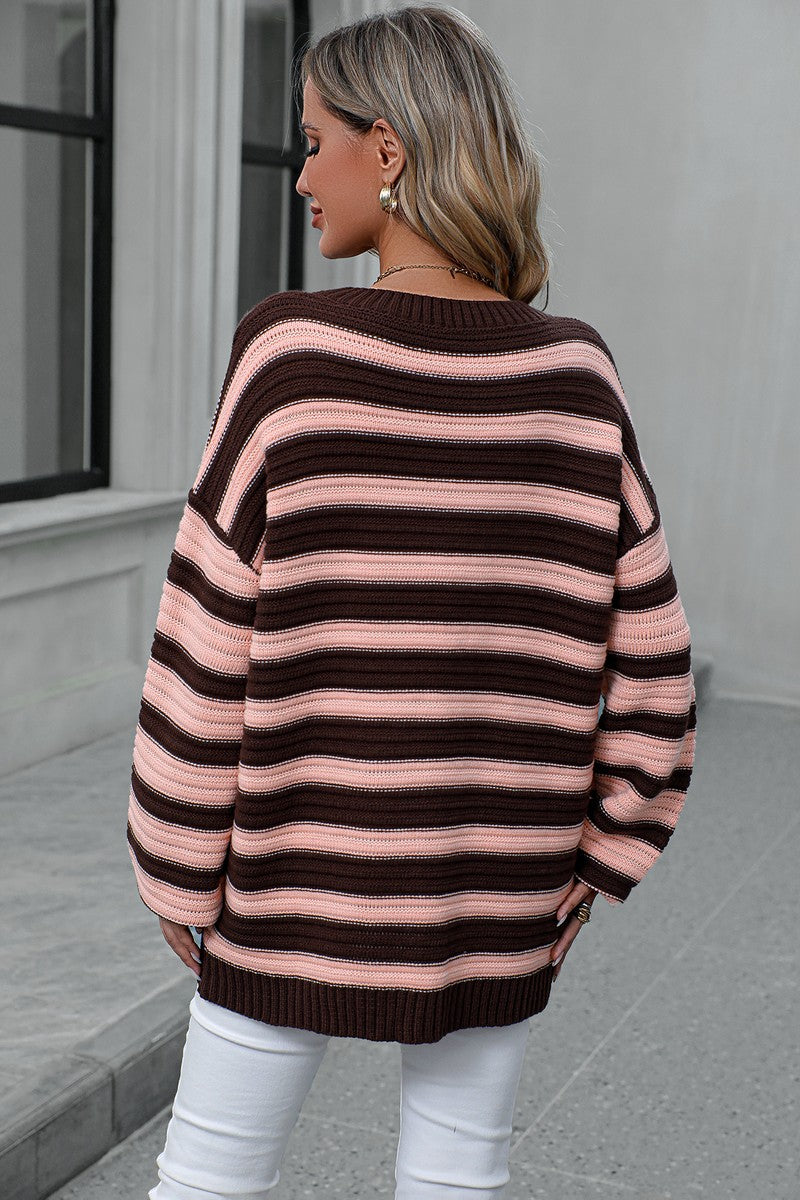 WOMEN OVERSIZED LOOSE FIT STRIPE RIBBED SWEATER