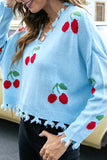 WOMEN CUTE CHERRY STITCHED DISTRESSED SWEATSHIRT