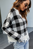 WOMEN PLAID PATTERN DISTRESSED CASUAL SWEATER