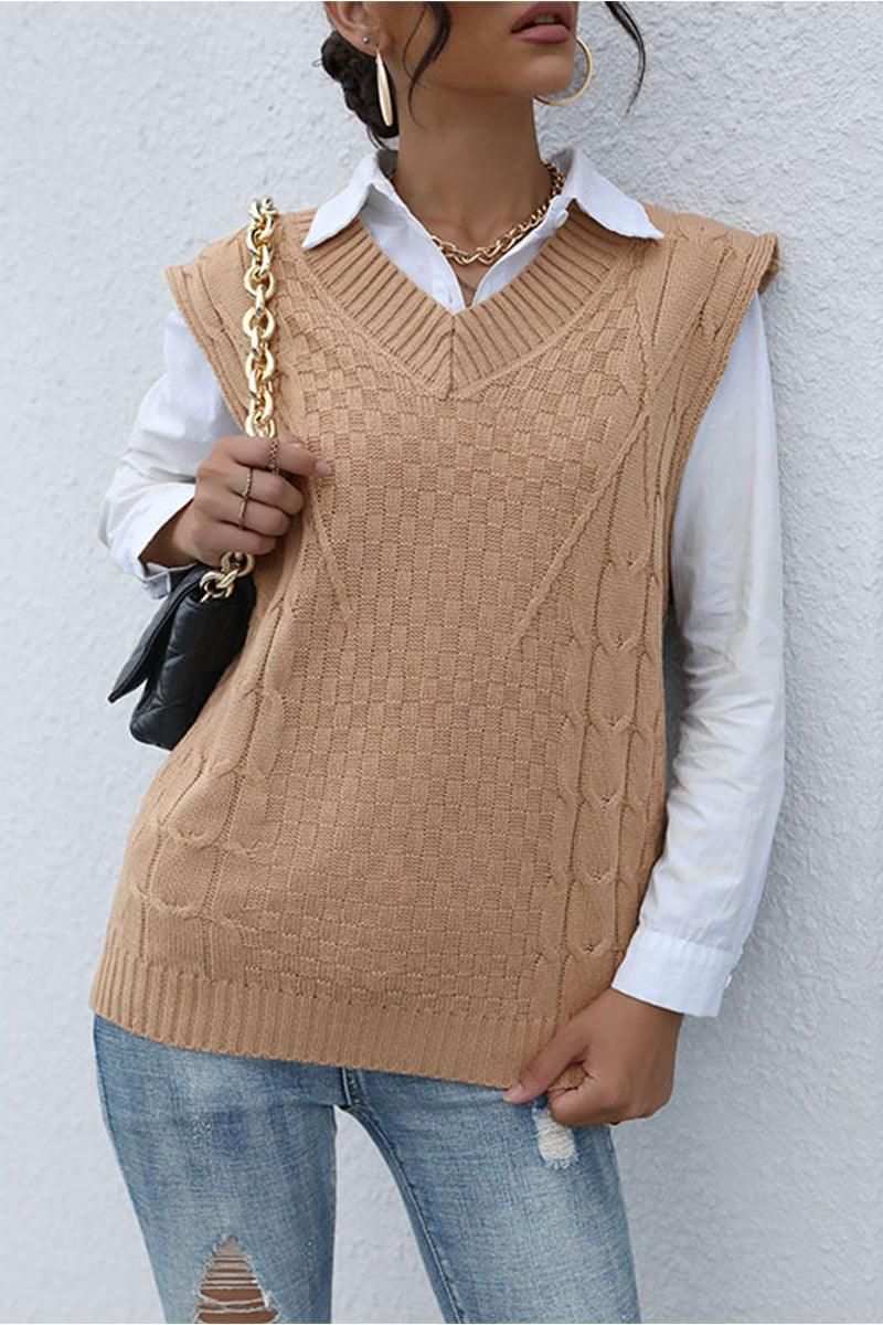 PATTERNED KNIT SLEEVELESS COZY SOLID CARDIGAN - Doublju