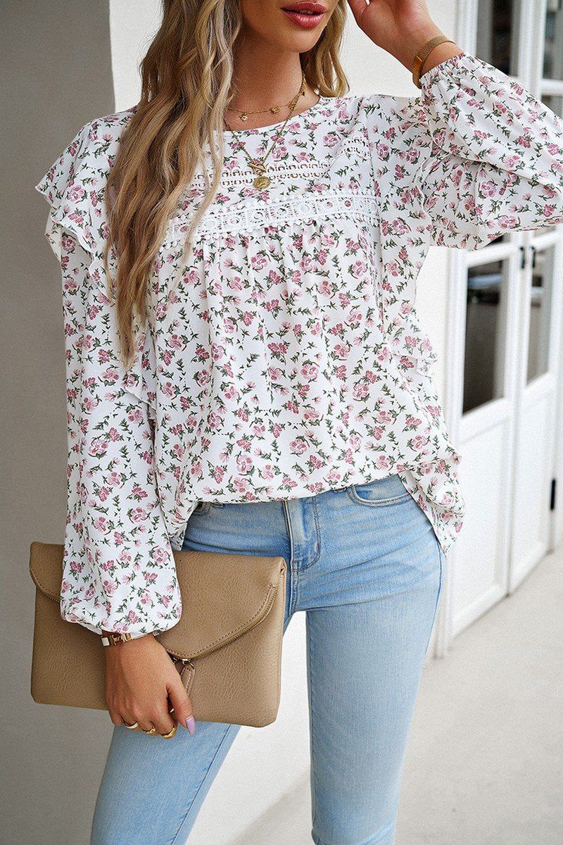 WOMEN LACE TRIM FRILL ANGEL SLEEVE FLORAL BLOUSE