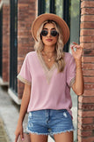 GOLD LACE POINT V NECK CHIFFON BLOUSE - Doublju