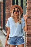 GOLD LACE POINT V NECK CHIFFON BLOUSE - Doublju