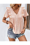 WOMEN BUTTONED V NECK RUFFLE SHORT SUMMER T SHIRT - Doublju
