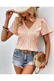 WOMEN BUTTONED V NECK RUFFLE SHORT SUMMER T SHIRT - Doublju