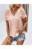 WOMEN BUTTONED V NECK RUFFLE SHORT SUMMER T SHIRT - Doublju