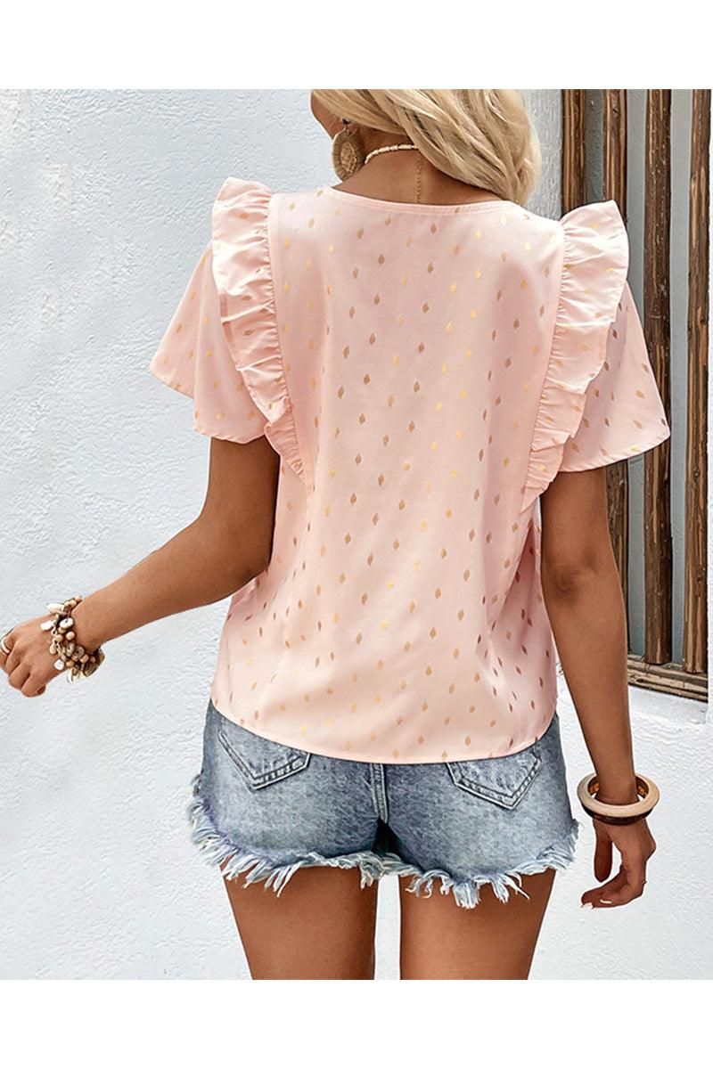 WOMEN BUTTONED V NECK RUFFLE SHORT SUMMER T SHIRT - Doublju