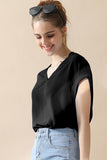 WOMENS V NECK TRIM ROLLED SHORT SLEEVE BLOUSE TOP