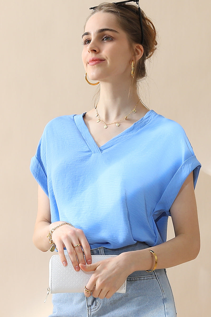 WOMENS V NECK TRIM ROLLED SHORT SLEEVE BLOUSE TOP