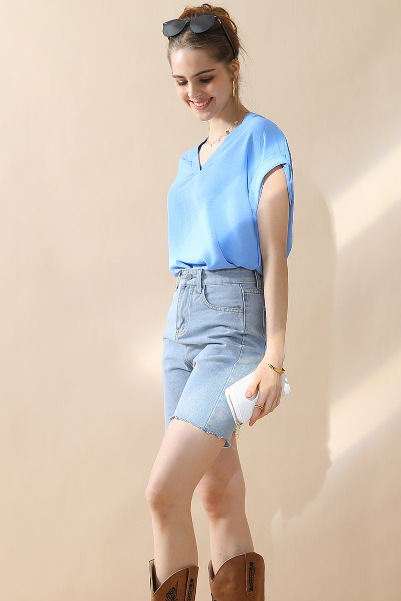 WOMENS V NECK TRIM ROLLED SHORT SLEEVE BLOUSE TOP
