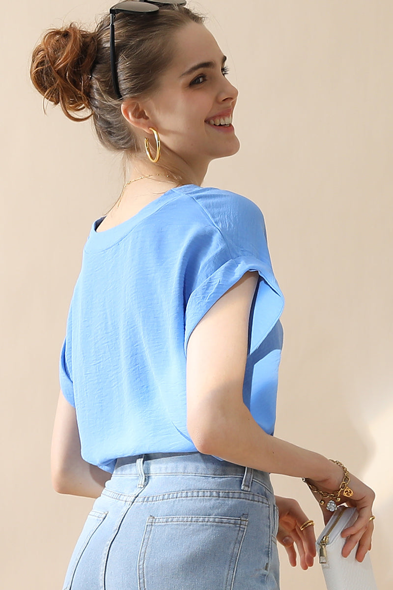 WOMENS V NECK TRIM ROLLED SHORT SLEEVE BLOUSE TOP