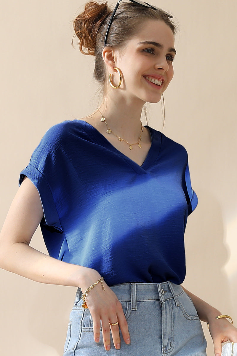 WOMENS V NECK TRIM ROLLED SHORT SLEEVE BLOUSE TOP