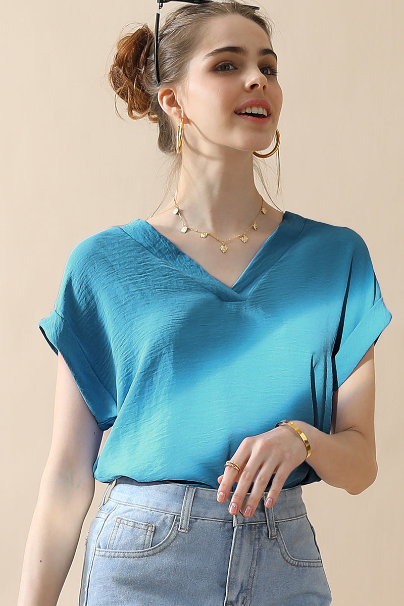 WOMENS V NECK TRIM ROLLED SHORT SLEEVE BLOUSE TOP