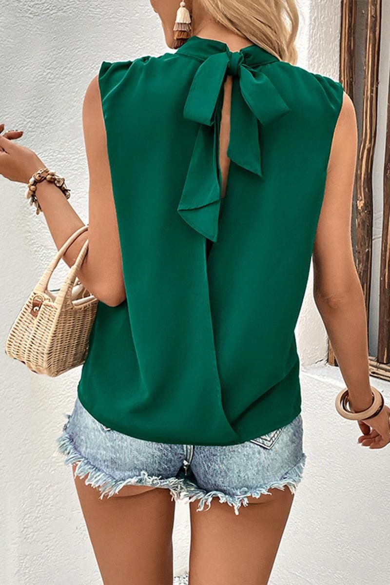 HIGH NECK BACK TIED NECK SLEEVELESS SUMMER BLOUSE - Doublju