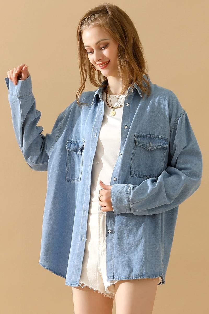 SIMPLE POKCET DENIM LONG SLEEVE SHIRTS - Doublju
