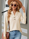 WOMEN V NECK BUTTON JACQUARD LOOSE FIT TOP - Doublju