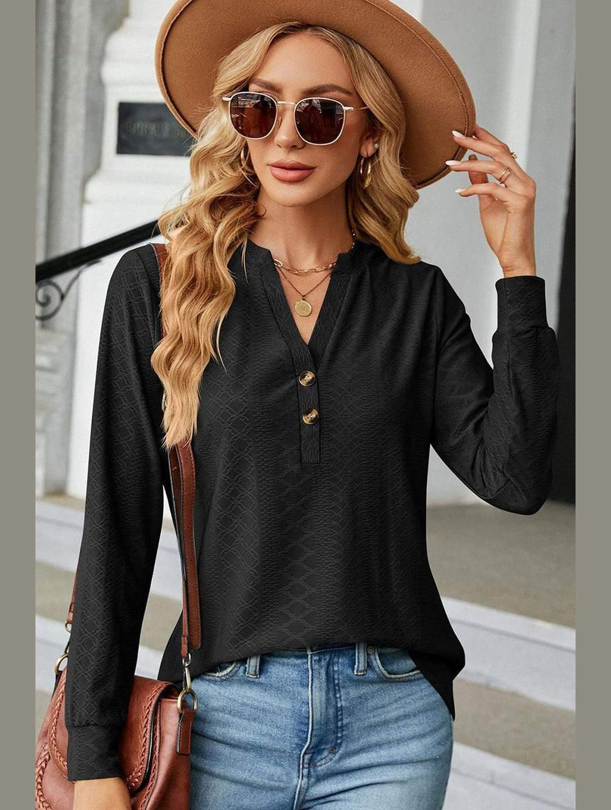 WOMEN V NECK BUTTON JACQUARD LOOSE FIT TOP - Doublju