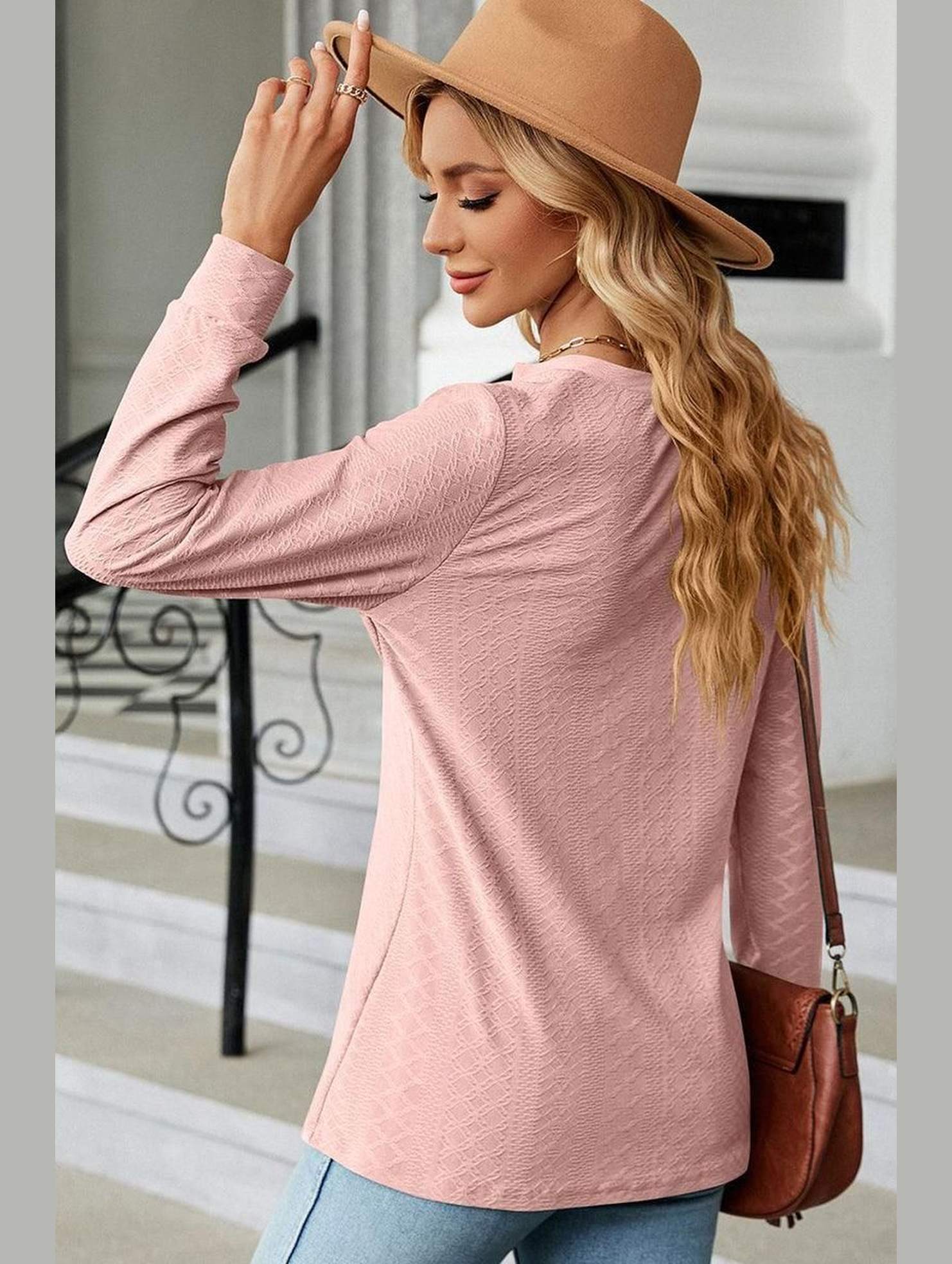 WOMEN V NECK BUTTON JACQUARD LOOSE FIT TOP - Doublju