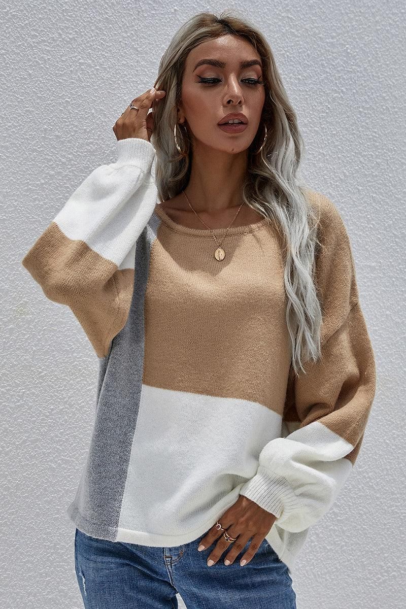 COLOR BLOCK ROUND NECK SWEATER TOP FOR WOMEN - Doublju
