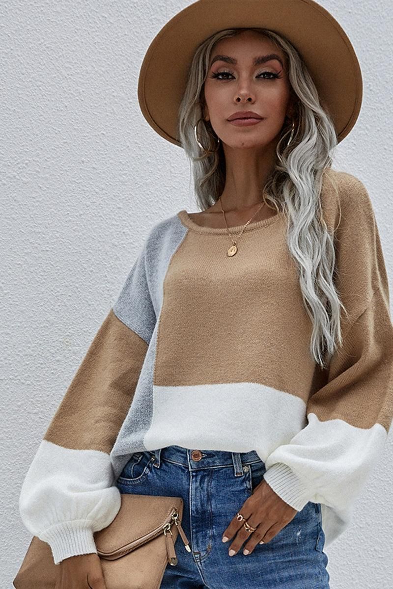 COLOR BLOCK ROUND NECK SWEATER TOP FOR WOMEN - Doublju