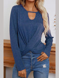Long Sleeve Key Hole Neck Twisted Hem Casual Top - Doublju