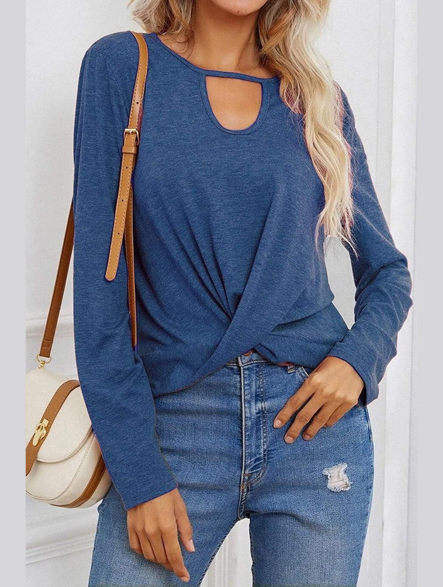 Long Sleeve Key Hole Neck Twisted Hem Casual Top - Doublju