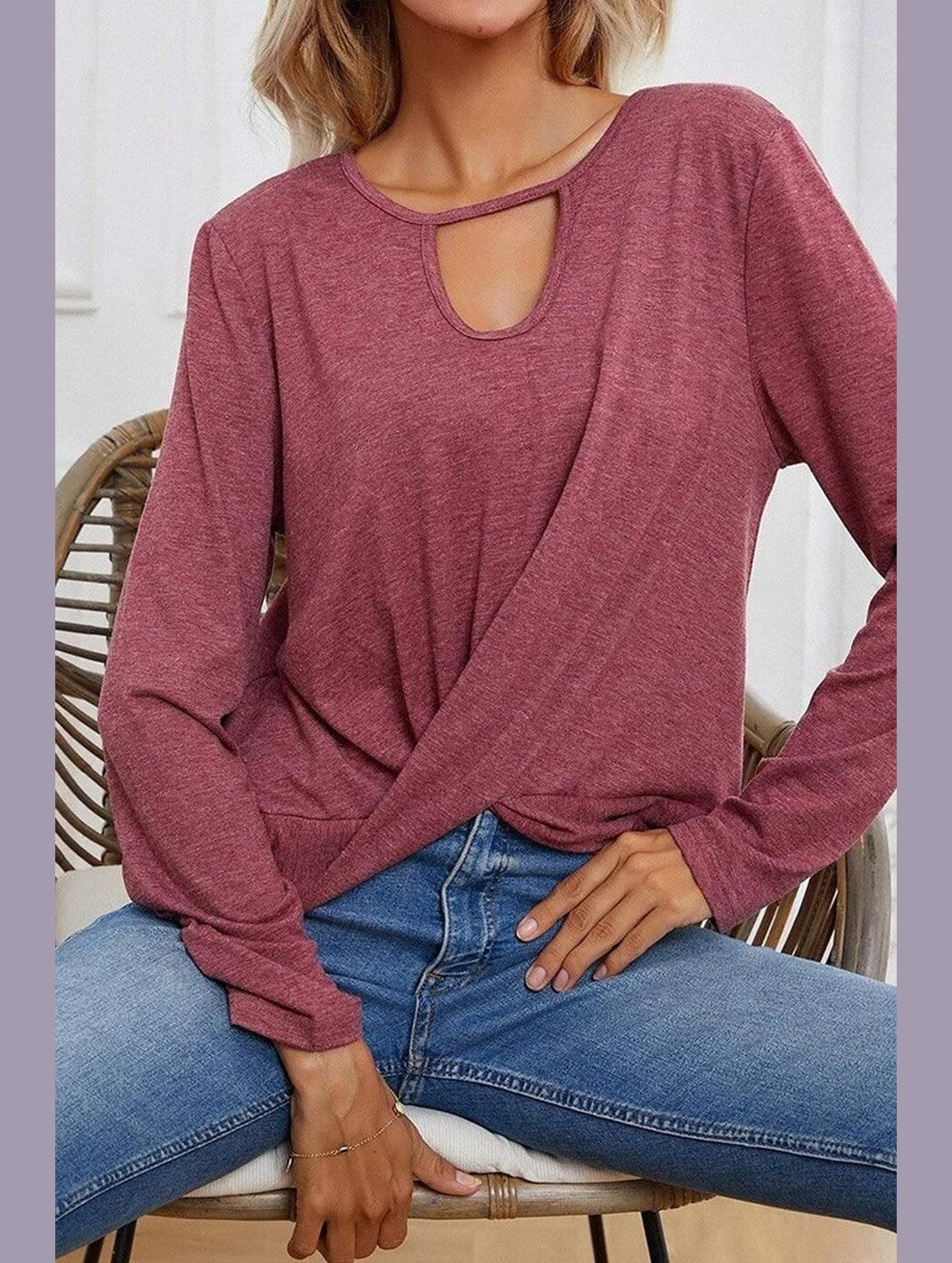 Long Sleeve Key Hole Neck Twisted Hem Casual Top - Doublju