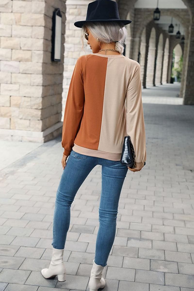 COLOR BLOCK ROUND NECK CASUAL TOP - Doublju