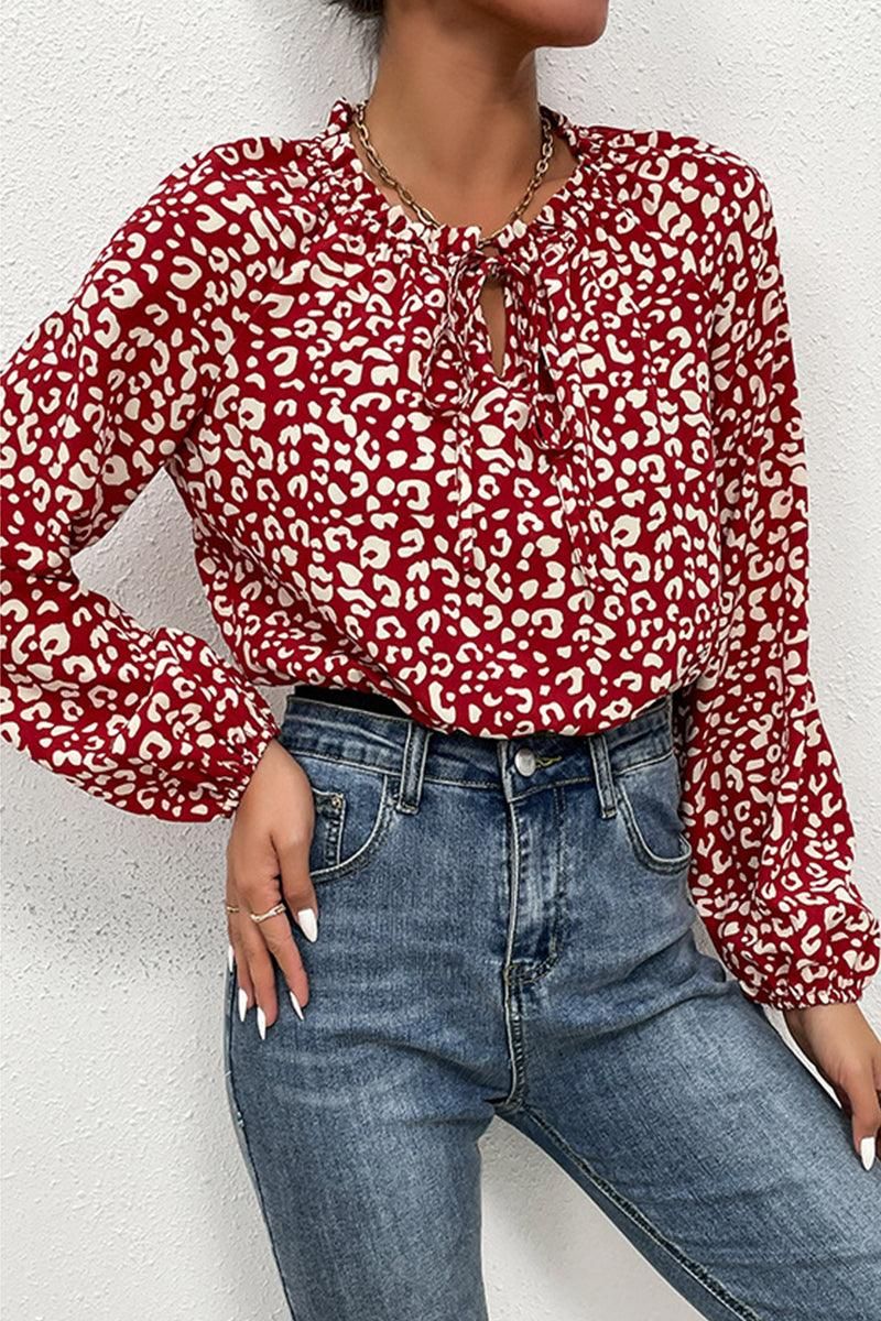TIED NECK PRINTED CASUAL TOP - Doublju