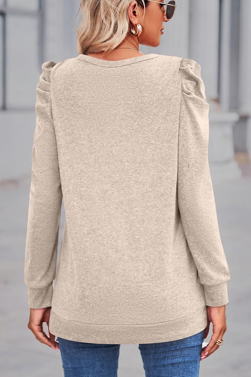 WOMEN LOOSE FIT SHIRRED PUFF SLEEVE PULLOVER TOP - Doublju