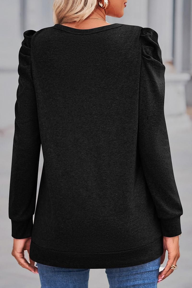 WOMEN LOOSE FIT SHIRRED PUFF SLEEVE PULLOVER TOP - Doublju