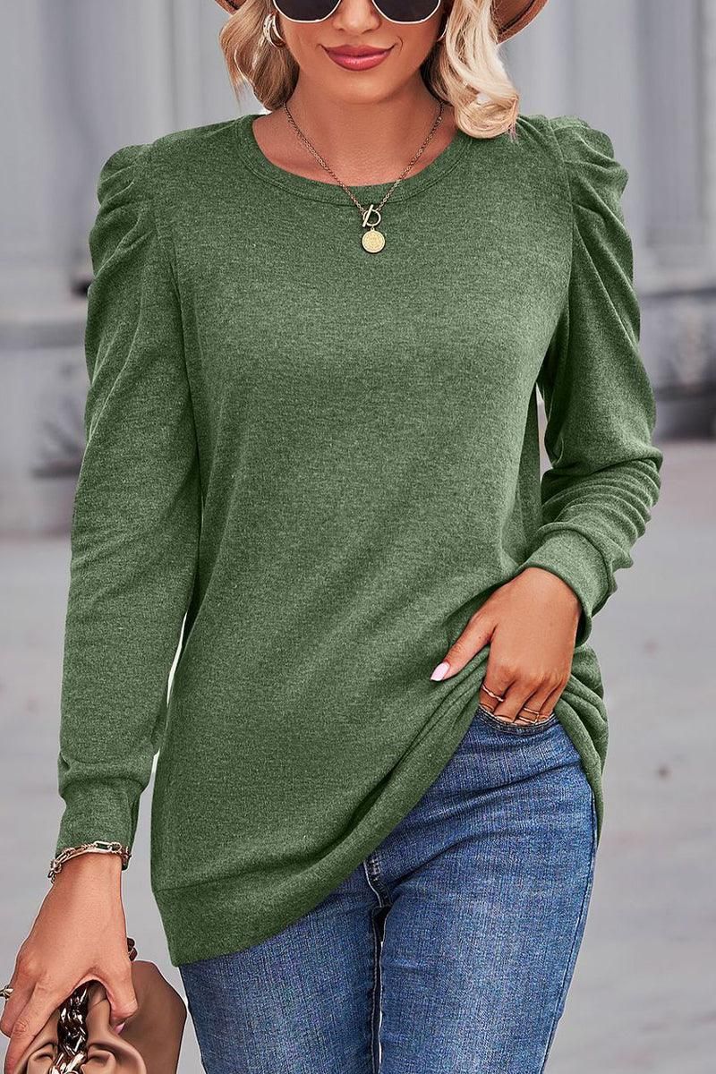 WOMEN LOOSE FIT SHIRRED PUFF SLEEVE PULLOVER TOP - Doublju