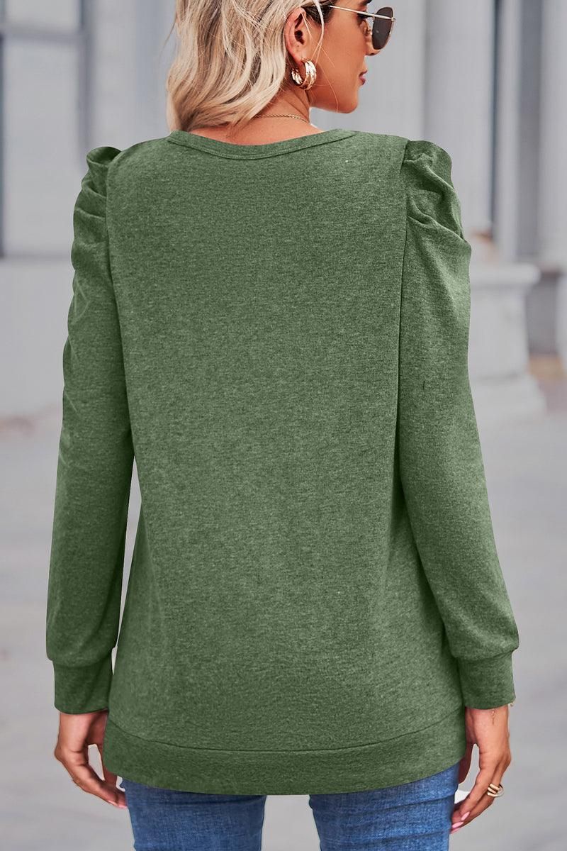 WOMEN LOOSE FIT SHIRRED PUFF SLEEVE PULLOVER TOP - Doublju