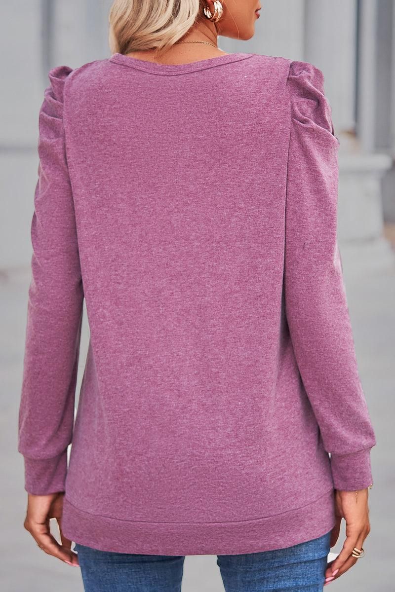 WOMEN LOOSE FIT SHIRRED PUFF SLEEVE PULLOVER TOP - Doublju