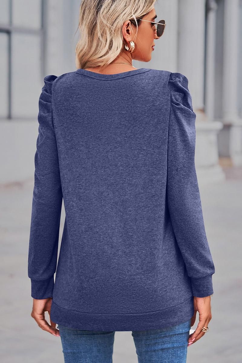 WOMEN LOOSE FIT SHIRRED PUFF SLEEVE PULLOVER TOP - Doublju